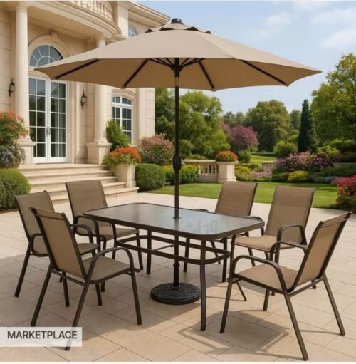 Outdoor set of 6 chairs and a rectangular table with an umbrella